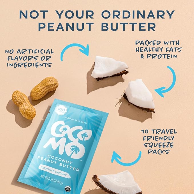 Cocomo Coconut Peanut Butter Single Serve Pouch, 10 Count – Organic, Gluten-Free, Vegan, High-Protein Peanut Butter in Squeeze Packs – No-Stir, Creamy Spread for Healthy Snacks, Perfect for Travel
