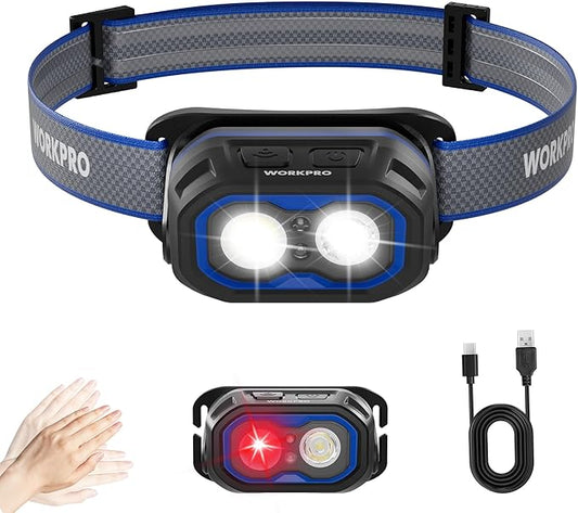 WORKPRO Rechargeable Headlamp, 1200LM Super Bright Head Lamp with White Red Light, Motion Sensor, Memory Function, Shockproof & IPX6 Waterproof Headlight for Camping, Hiking, Fishing, Repair