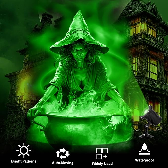 Treela Halloween Projector Lights Outdoor Dynamic Witches and Cauldron Lights Decoration Outside Indoor LED Landscape Lamp for Holiday Garden Supplies(Green)