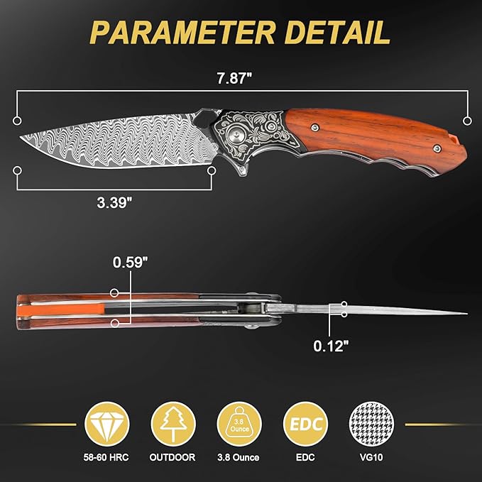 Damascus Folding Knife, 3.39" VG10 Core Damascus Steel Blade Pocket Knife for EDC, Wood Handle Pocket Knives for Camping Survival Hunting