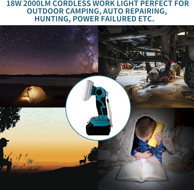 Work Light for Makita 18v Battery, 18w Flashlight, 2000LM Portable Flood Light with USB-A Port for Jobsite, Camping, Car Repairing, Garage, Power Outages