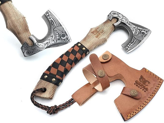 13??Inch Valhalla Axe ??Carbon Steel Viking Axe Head with Engraved Handle, Hatchet Axe with Genuine Leather Sheath and Wrap, Camping Axe, Throwing Axe -Viking Gift for Men