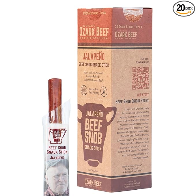 Beef Snob Snack Sticks - Jalapeño Flavor - 1 Ounce Snack - 20 Meat Sticks Per Box - High Protein Snack, Sugar Free Snack, Keto Friendly, Gluten Free Jerky Sticks