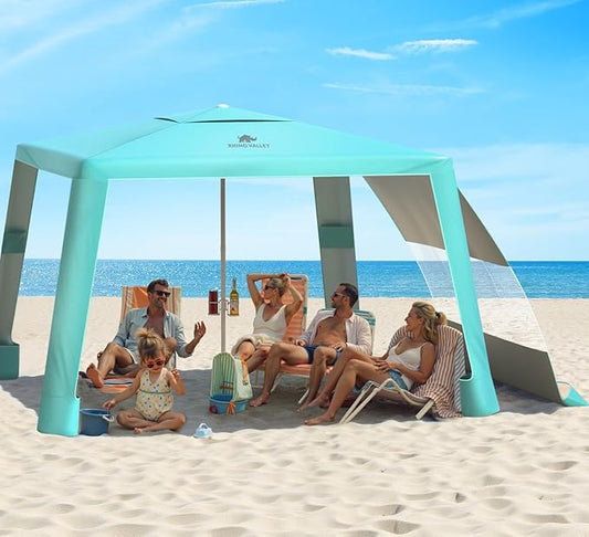 Rhino Valley Beach Tent Shade Canopy UPF50+ Protection, 8 Sandbags, 4 Stability Poles, Outdoor Sun Shelter Umbrella for Sand, Camping, Fishing Essentials