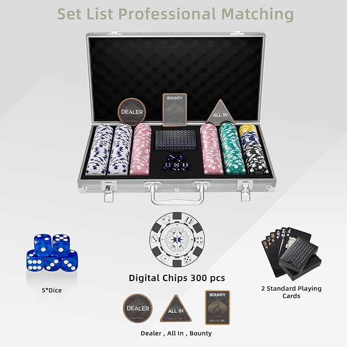 Poker Chips Set for Texas Holdem 300 Pcs Numbered Blackjack Chips,Denomination Tournaments Pokers with Case,11.5 Gram Casino Gambling Game Chips with Value for Girly