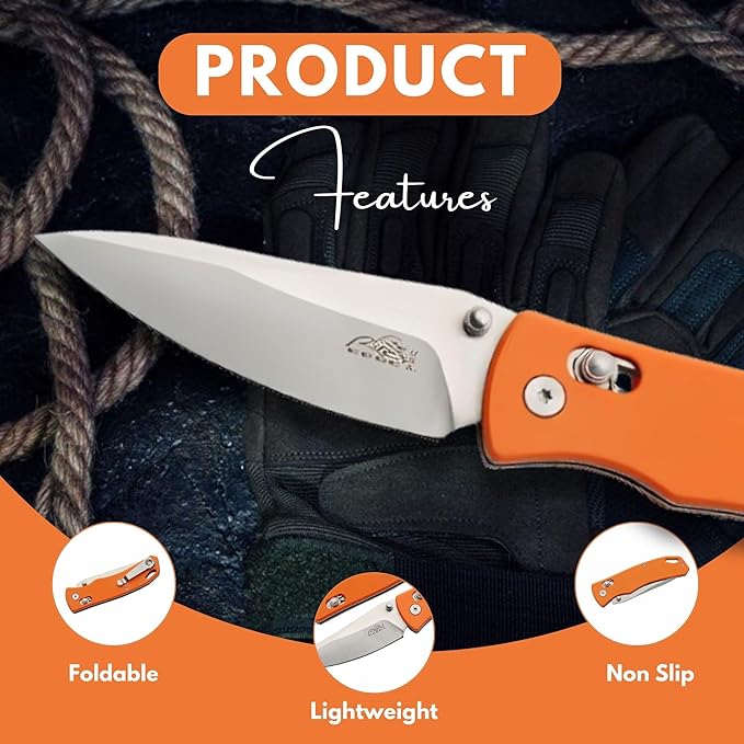 Rite Edge Premium 4.25" Moss G10 Rolling Lock (RLS) Folding Knife ??Stainless Steel Blade, Green G10 Handle, Belt Clip Tactical Survival Fishing Camping Knife - Orange