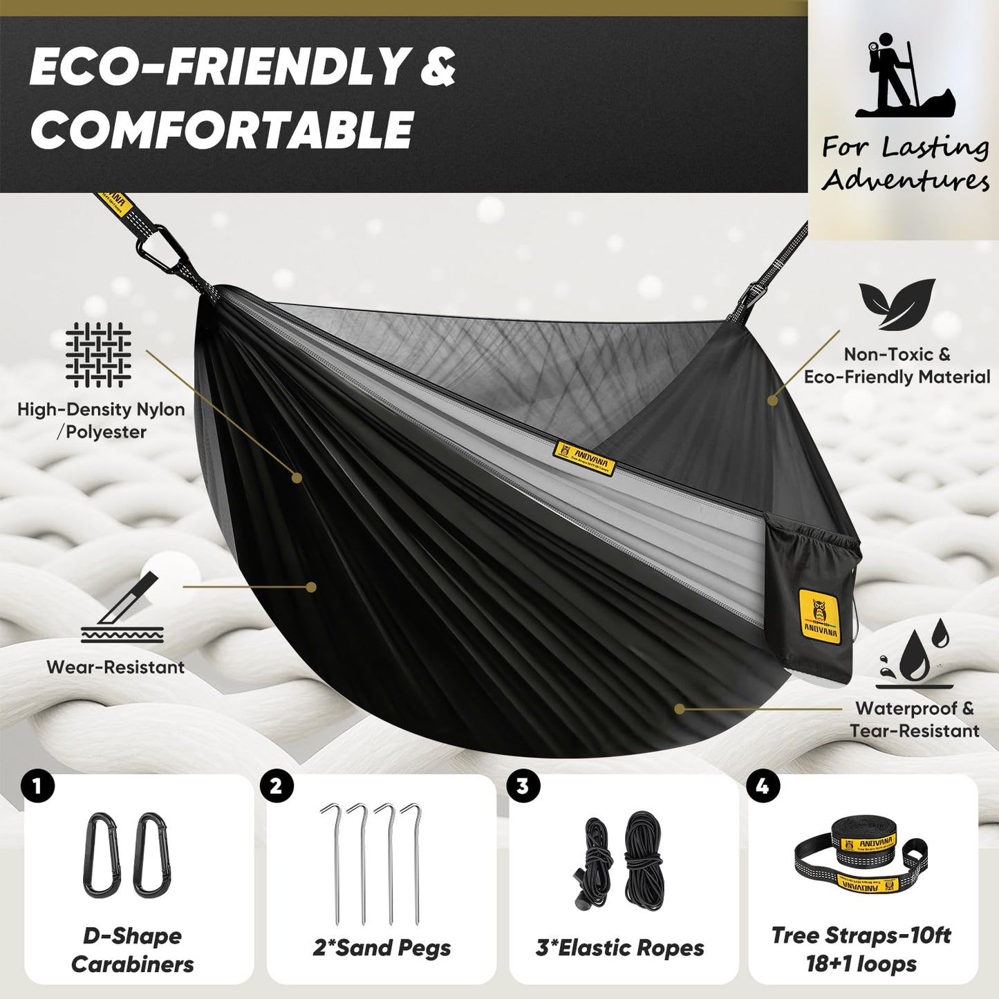 Camping Hammock with Mosquito Net, 500 lbs Portable Hammock with Tree Straps, 2-in-1 Double/Single