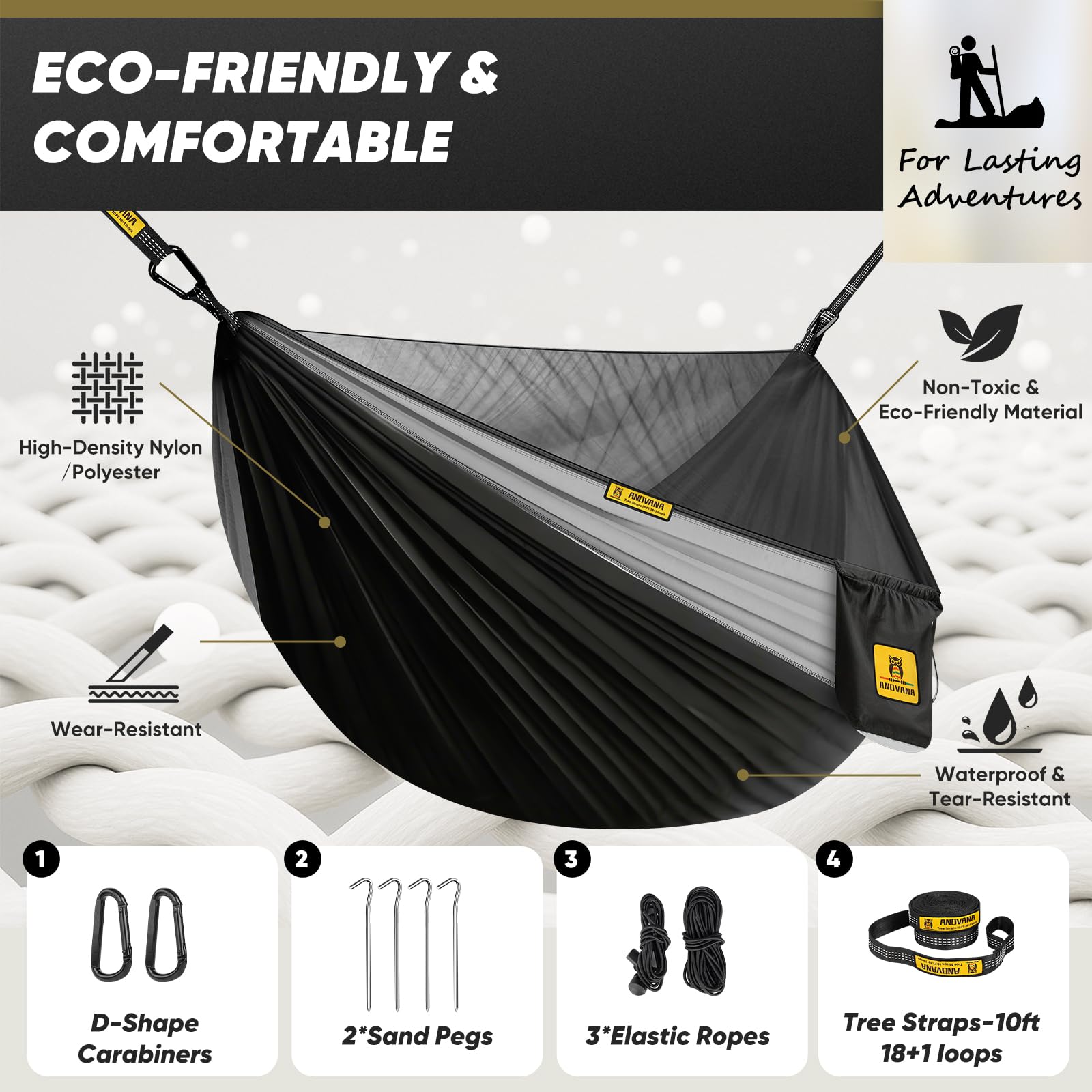 Camping Hammock with Mosquito Net, 500 lbs Portable Hammock with Tree Straps, 2-in-1 Double/Single