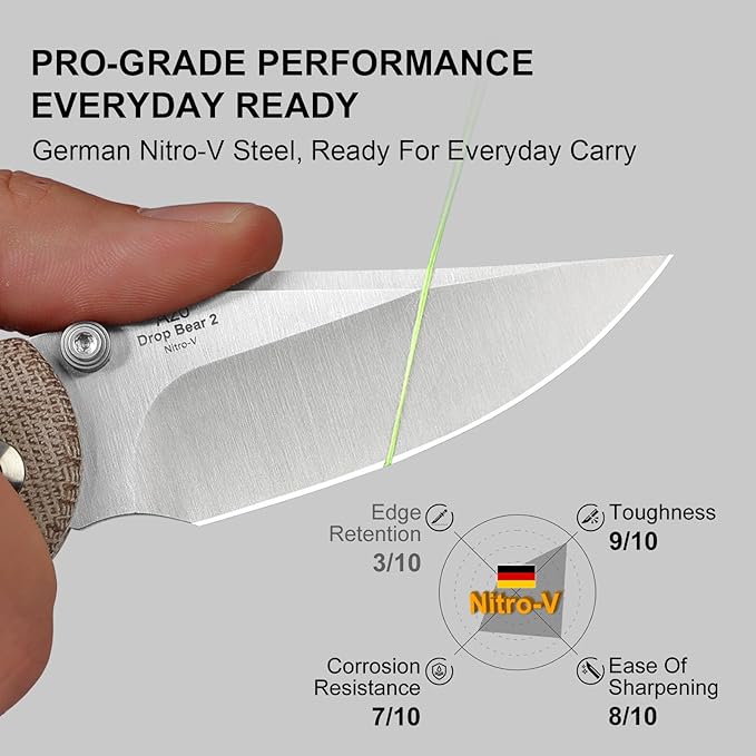 Kizer Drop Bear 2 Pocket Knife, 2.96" Nitro-V Clip Point Blade Folding Knife with Brown Micarta Handle, Button Liner Lock EDC Knives with Jimping on Spine for Men Women V3619.2CC1