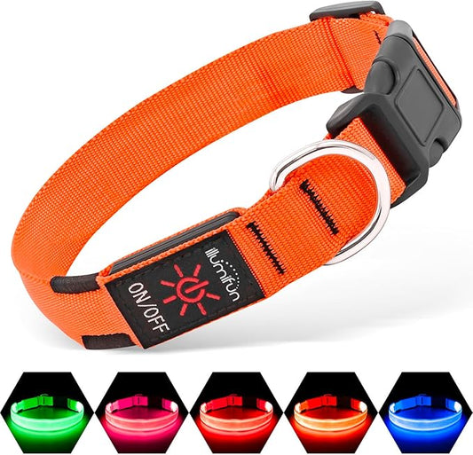 Illumifun Light Up Collar for Dogs, USB Rechargeable LED Dog Collar, Adjustable Safety Collar Light for Walking at Night (Orange, Large)