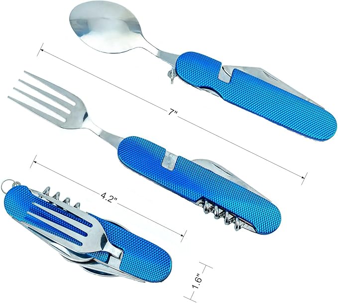 Cluck 6-in-1 Multi-Function Camping Flatware Utensil Folding Knife Cutlery Detachable Pocket Kits with Carrying Pouch (Gold + Blue)