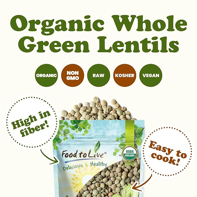 Food to Live Organic Whole Green Lentils, 5 Pounds - Non-GMO, Dried Raw Beans, Sproutable, Vegan, Kosher, High in Folate, Dietary Fiber, Protein, No Soaking Required, for Soups, and Veggie Burgers