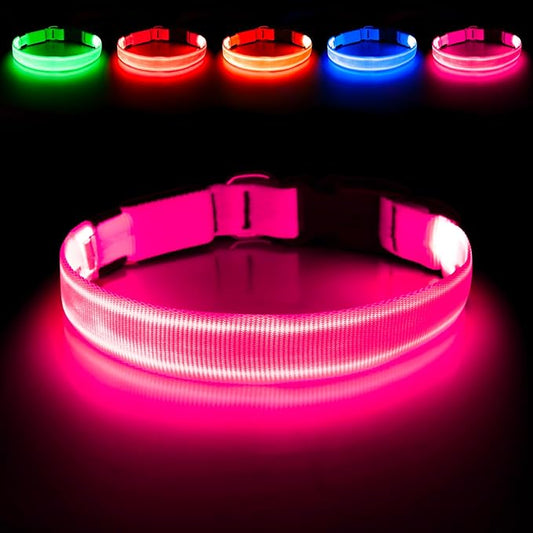 Illumifun Rechargeable LED Dog Collar, Waterproof Light Up Dog Collars Glow in The Dark, Adjustable Safety Collar Light for Dogs Walking Camping (Pink, Medium)