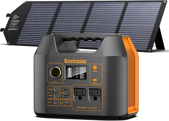 EnginStar Portable Power Station, 300W 296Wh Battery Bank with 110V Pure Sine Wave AC Outlet,100W Foldable Solar Panel Charger with 18V DC Outlet for Portable Power Stations