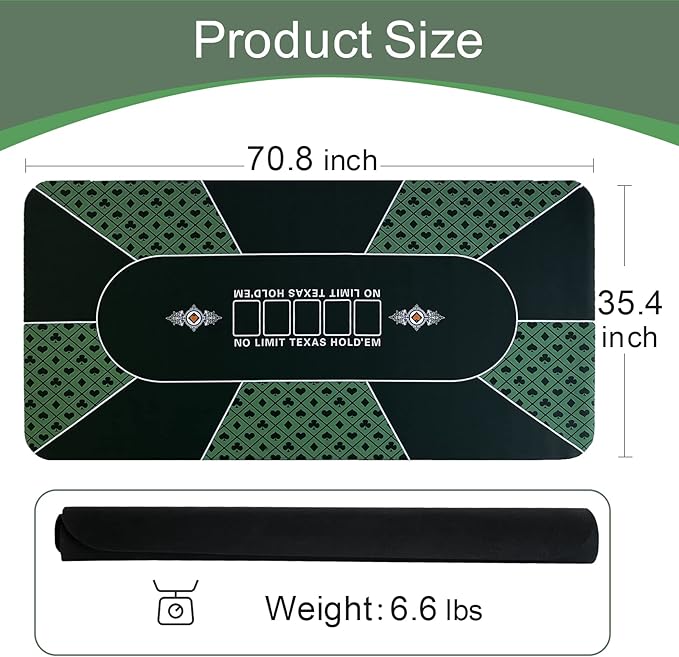 CONTINUE Poker Table Mat - 8-10 Player Texas Hold'em Poker Mat with Anti-Slip Rubber Base and Carrying Bag for Poker Games, Blackjack, Casino (Rectangle Green)