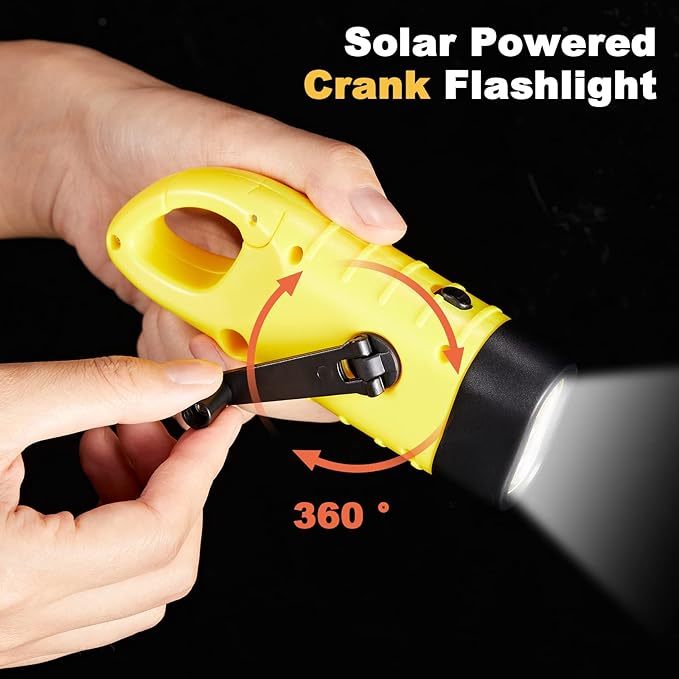 Mudder 4 Pack Hand Crank Solar Powered Flashlight Emergency Rechargeable Led Flashlight Survival Gear Self Powered Charging Torch for Hiking Backpack Camping Safety Emergency Pack(Yellow, Black)
