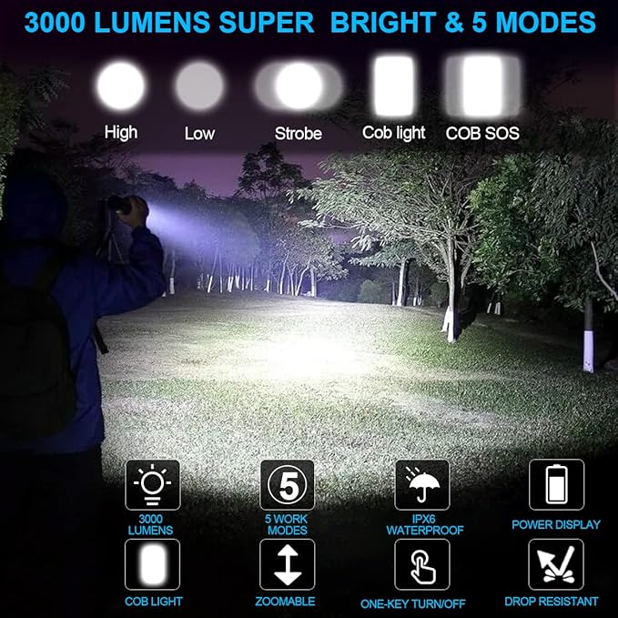 Rechargeable LED FLashlights 8000 High Lumens, Super Bright LED Tactical Flashlight with Power Display, Zoomable, with COB Lightï¼?Waterproof,Powerful Handheld Flashlight for Camping,Hiking 2 Pack
