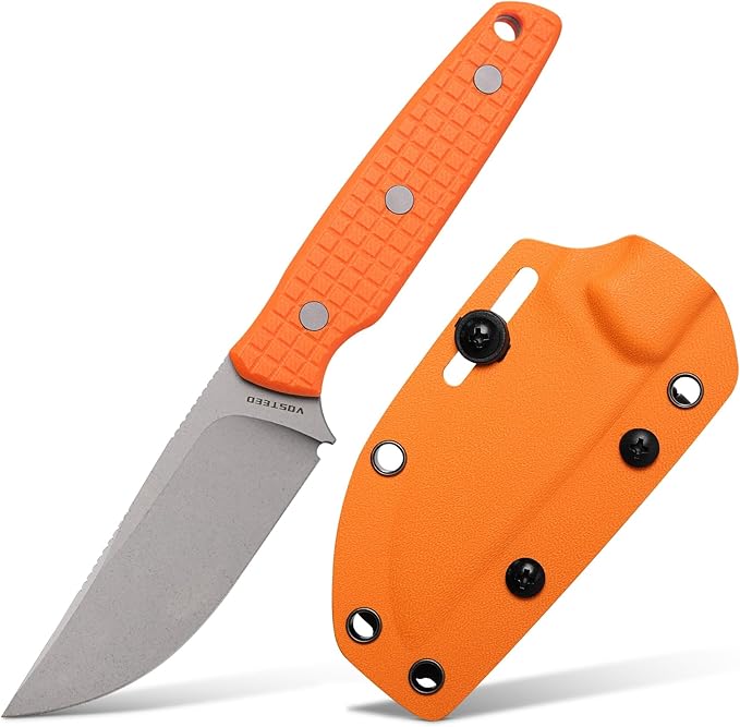 Vosteed Mink EDC Fixed Blade Knife - 3.33?™â€?Nitro-V Dual Jimping Blade with Sheath, Full-Tang Orange Handle, Great for Outdoor Camping - D0105
