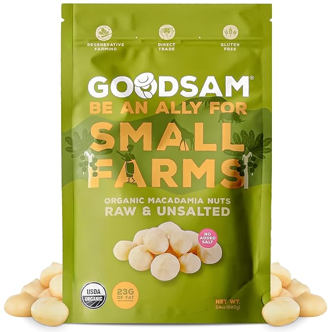 goodSAM Organic Raw Macadamia Nuts ??Unsalted, Whole Nuts ??Buttery Creamy Flavor ??Sustainably Grown on Regenerative Family Farms ??High Fat Low Carb Keto Friendly Snacks - 1.5lb Pouch