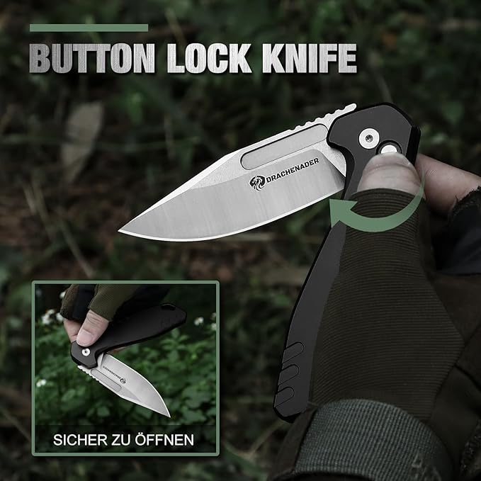 Button Lock Pocket Folding Knife with Nylon-Sheath (Horizontal carry), 3.42" D2 Blade with Aluminum Handle, Camping Pocket & Folding Knives with Clip, EDC Knife Gift, Black
