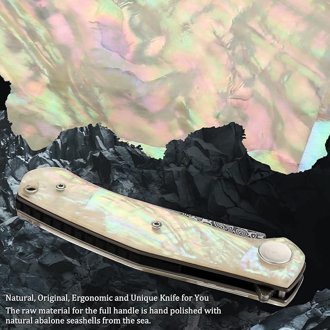 Benkey Damascus Pocket Knife, Extremely Sharp VG10 Core Damascus Steel Folding Knives with Clip and Leather Sheath, Unique Abalone Seashells Handle, Ball Bearing, Liner Lock, Knife for EDC Men Women