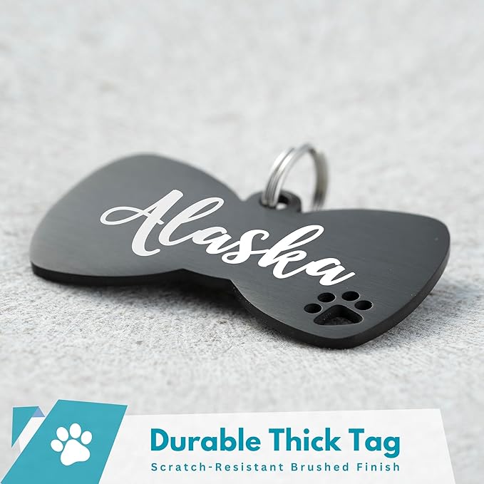 Ultra Joys Dog Tags Personalized for Pets - Hollow Paw Custom Pet ID Tag - Engraved Dog Tag for Small, Large Dogs - Small Bow Tie in Black