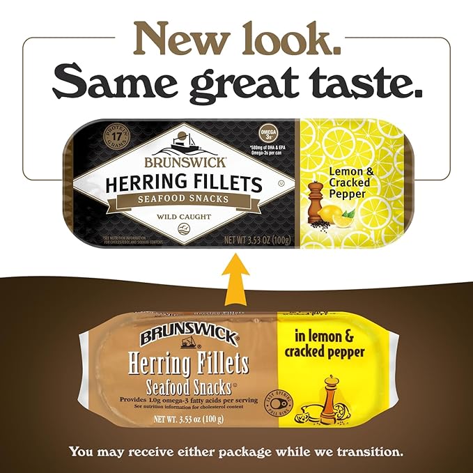Brunswick Herring Fillets in Lemon & Cracked Pepper, 3.53 Oz (Pack of 12) - 15g Protein per Serving - Gluten Free, Keto Friendly - Great for Pasta & Seafood Recipes