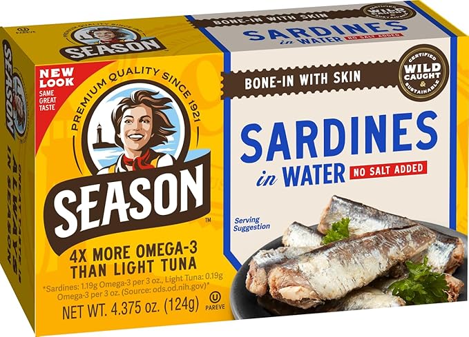 Season Sardines in Water - No Salt Added, Wild Caught, 22g of Protein, Keto Snacks, More Omega 3's Than Tuna, Kosher, High in Calcium, Canned Sardines - 4.37 Oz Tins, 12-Pack