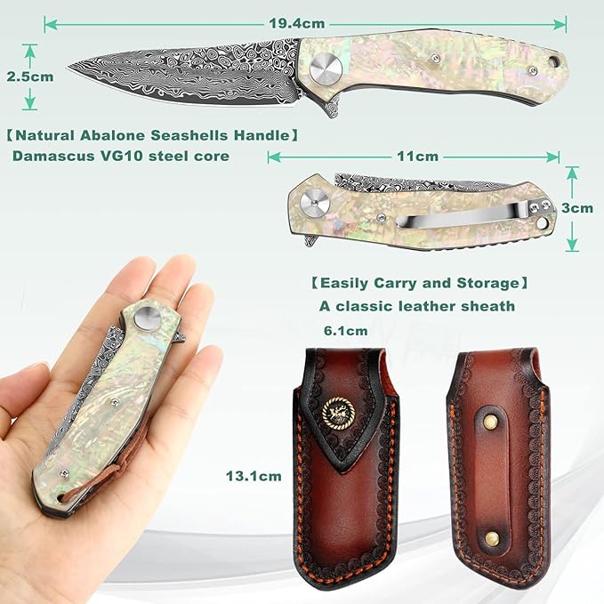 Benkey Damascus Pocket Knife, Extremely Sharp VG10 Core Damascus Steel Folding Knives with Clip and Leather Sheath, Unique Abalone Seashells Handle, Ball Bearing, Liner Lock, Knife for EDC Men Women
