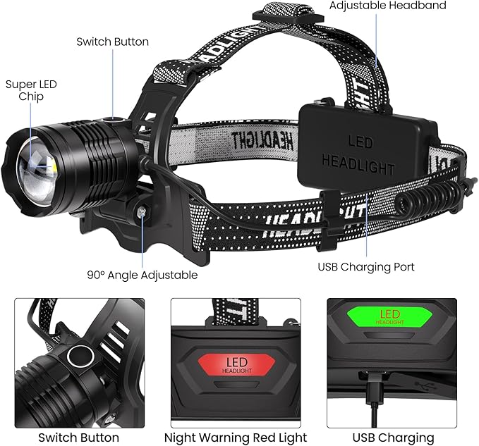 LED Headlamp Rechargeable, 99000 Lumens Bright Head Lamp ?attery Include, 90° Adjustable Head Lights for Forehead with 3 Modes, Long Runtime & Waterproof Headlamps for Adults Camping Hiking