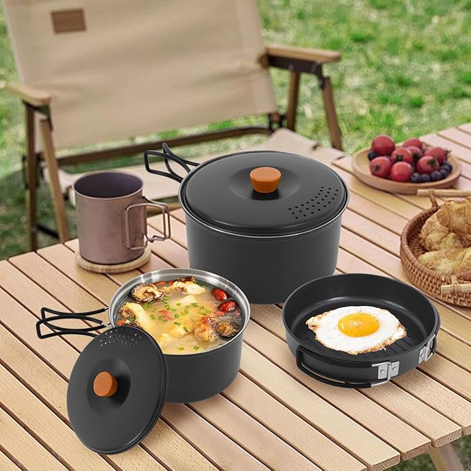 Camping Cookware Set, Camping Cooking Set,304 Stainless Steel Camping Pots &Frying Pan Set,Campfire Cooking Equipment with Storage Bag for Camping,Household, Hiking, Beach Trips