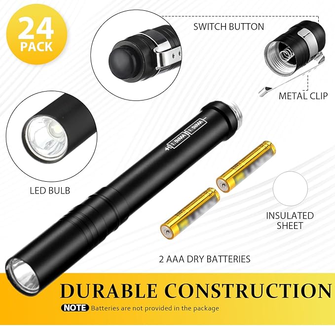 24 Pack Mini Pen Flashlights Bulk LED Pen Lights Aluminum Pocket Flashlights with Clips Small Handheld Torches Gifts for Camping Hiking Emergency Outdoor (Black,Silver,Yellow)