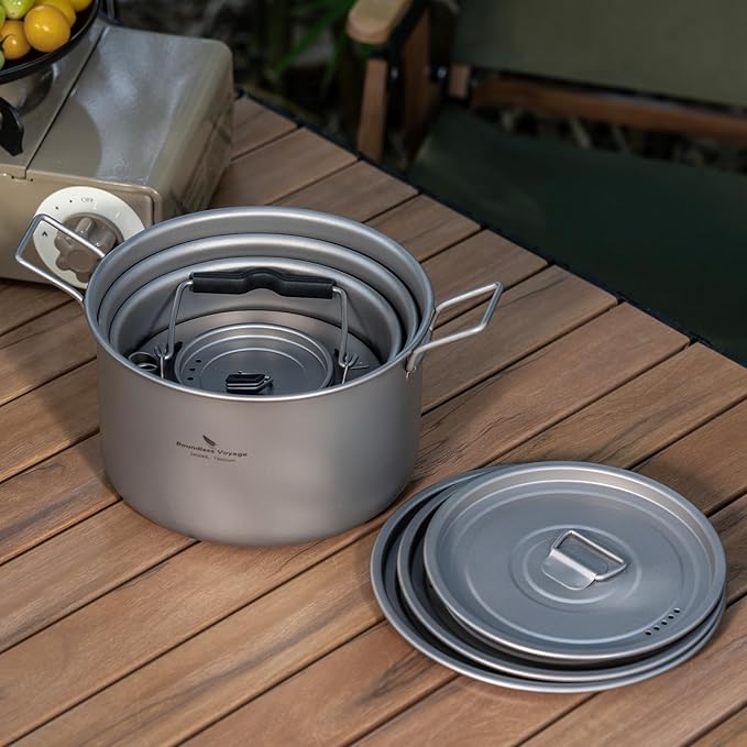 iBasingo 2.4L Titanium Soup Pot with Lid Camping Cookware with Foldable Handle Portable Lightweight Outdoor Kitchen Cooking Kit for Backpacking Hiking Picnic Fishing Mountaineering Ti2108C