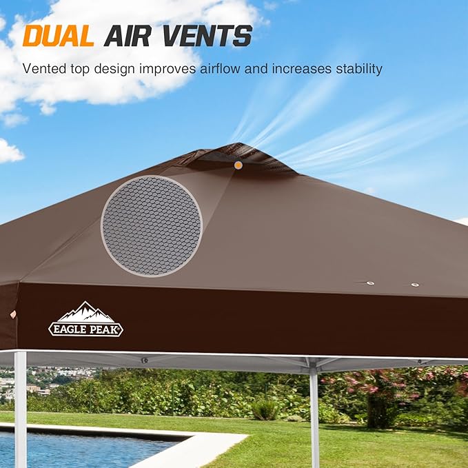 EAGLE PEAK Pop Up Canopy Tent with Wheeled Carry Bag, 8 Stakes, 4 Ropes, 4 Weight Bags, Easy Set Up Tent Canopy, 10x10 ft, 100sqft of Shade,Brown