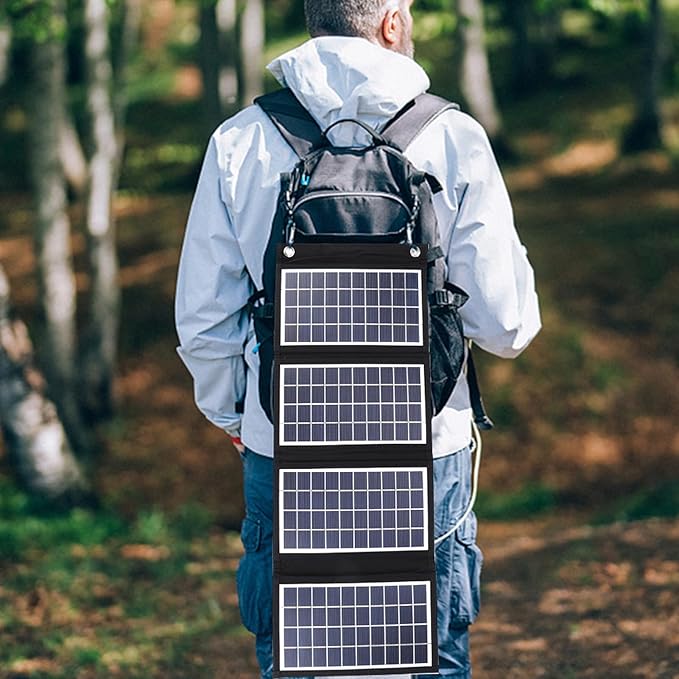 Portable Solar Panel, 30W 5V Foldable Solar Panel Charger with Dual USB Outputs, 4 Fold Water Proof Solar Panel with 2 Hooks, for Outdoor Camping Trip