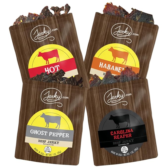 Jerky.com Hot Jerky Sampler - Featuring Habanero, Ghost Pepper, Carolina Reaper, and Classic Hot Beef Jerky - Perfect for Heat Seekers and Flavor Enthusiasts - Great Gift for Men (4 Flavors - 1 oz. bags)