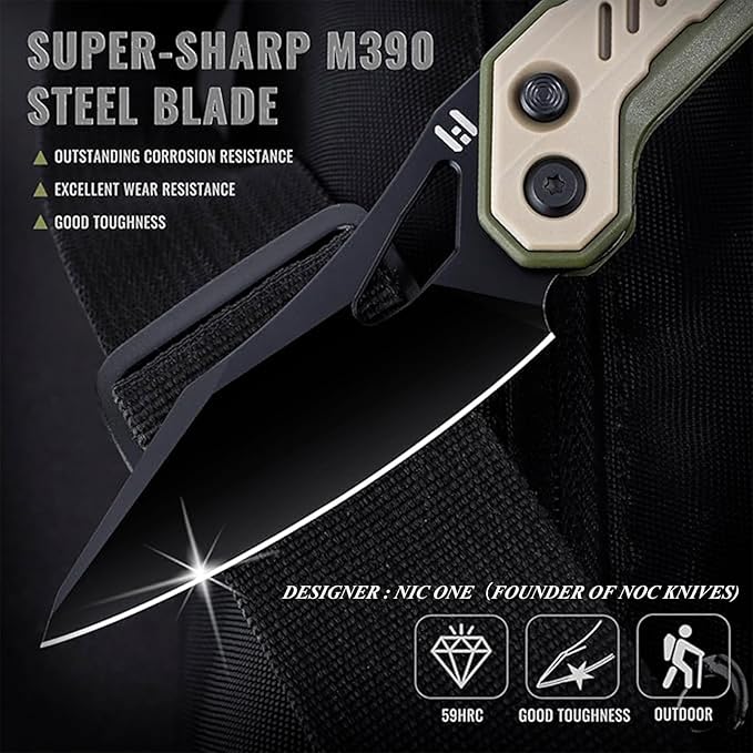Hightron Spectron Folding Knife, 3.05" M390 Steel Blade and Nylon Fiber Handle, EDC Knives with Pocket Clip for Men Women Sharp Hiking Camping Survival Knife Khaki&Green
