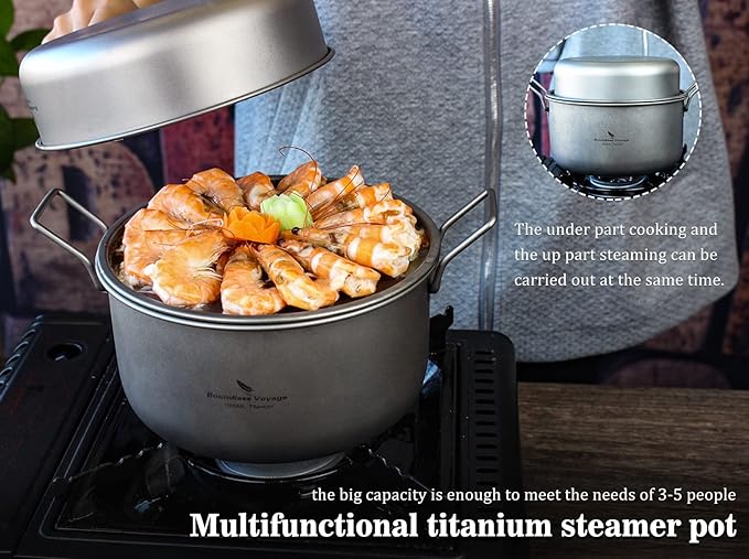 Boundless Voyage Multifunctional Titanium Steamer Pot with Frying Pan and Vented Lid Outdoor Camping Backpacking Kitchen