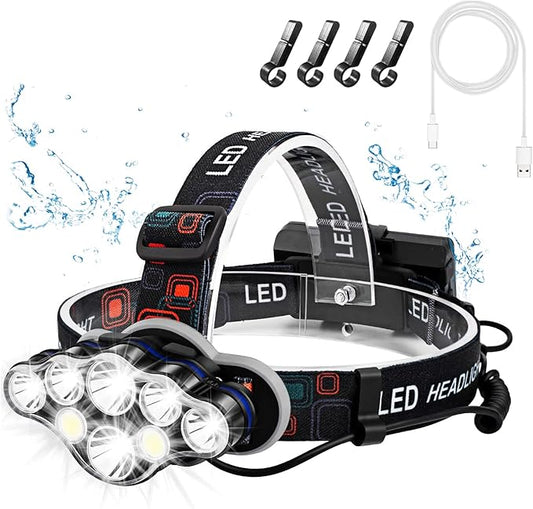 Rechargeable Headlamp, 8 LED 18000 Lumen Super Bright Waterproof Headlight with Red Lights, 8 Light Modes Head Lamp for Emergency Light Outdoors Fishing Hiking Camping Running (1, Black)