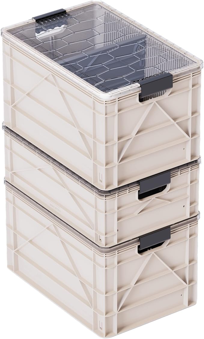 SIDIO CRATE Starter Pack - Two Full Size and One Half Size SidioCrate, Stackable Outdoor Organizer Storage Bins with Clear Lid and Dividers - Tan