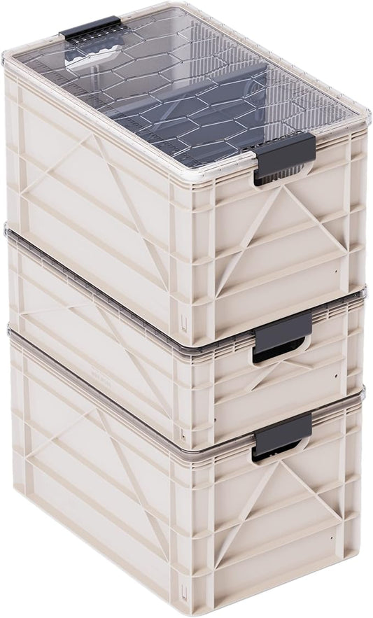 SIDIO CRATE Starter Pack - Two Full Size and One Half Size SidioCrate, Stackable Outdoor Organizer Storage Bins with Clear Lid and Dividers - Tan
