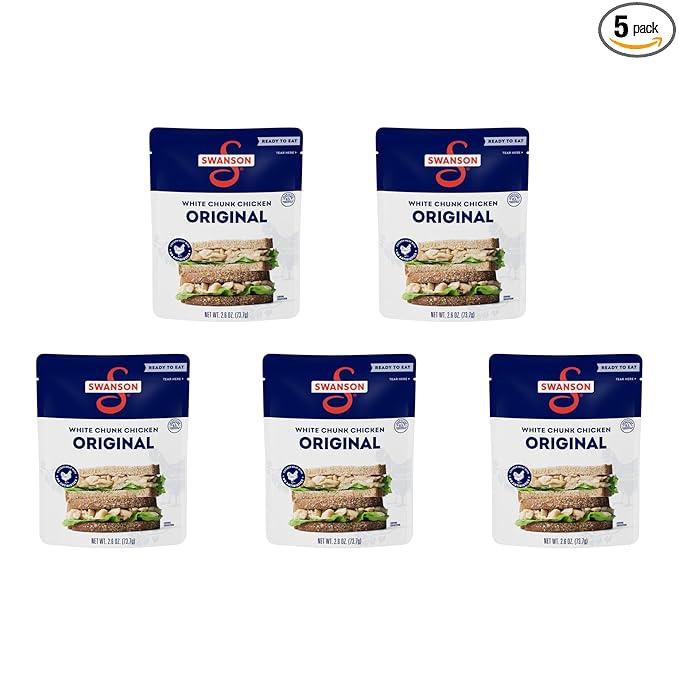 Swanson Original White Chunk Fully Cooked Chicken, Ready to Eat, Simple On-the-Go Meals, 2.6 OZ Pouch (Pack of 5)