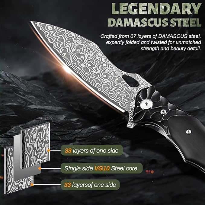 Pocket Knife for Men, Hunting knife with sheath, Damascus Steel Folding knife with Ebony Wood Handle, Survival EDC Knife for Fishing, Meat Cutting, Tactical Knife for Outdoor Camping Hiking