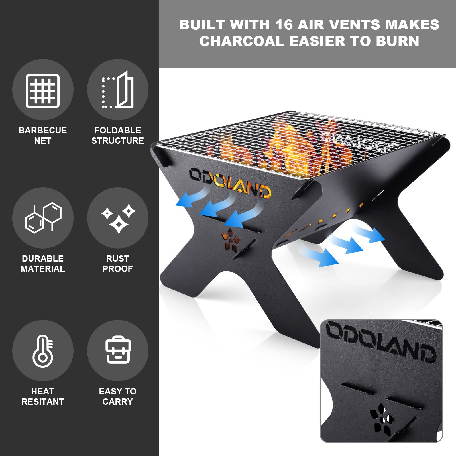 Odoland Camping Campfire Grill, Portable Folding Charcoal Grills, Backpacking BBQ Grill, Heavy Duty