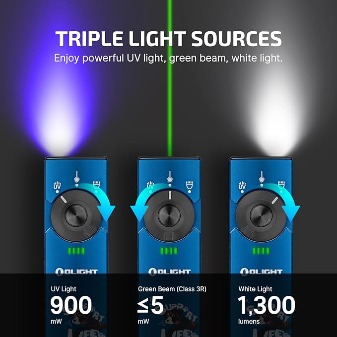 OLIGHT Arkfeld Pro Rechargeable EDC Flat Flashlight with Green Beam, UV and White LED Combo, 1300 Lumens Portable Pocket Lights, Triple Sources for Outdoors Emergency Working (Paw Edition)