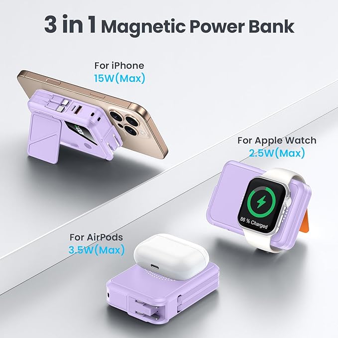 Wireless Portable Charger,5-in-1 Magnetic Power Bank 10000mAh Built in Cables and AC Plug,22.5W Fast Charging Magnetic Battery Pack,Compatible with iPhone 16/15/14/13/12,Apple Watch Series,Airpods