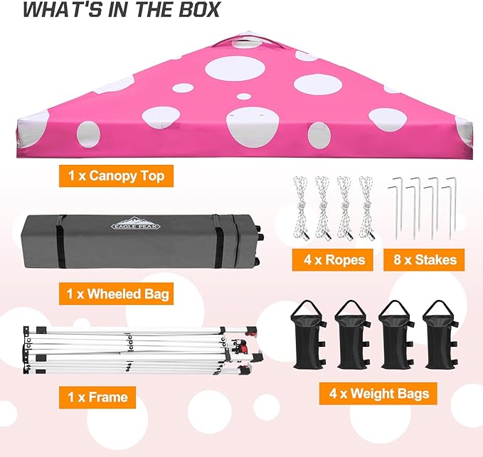 EAGLE PEAK Pop Up Canopy Tent with Wheeled Carry Bag, 8 Stakes, 4 Ropes, 4 Weight Bags, Easy Set Up Tent Canopy, 10x10 ft, 100sqft of Shade, Pink Mushroom