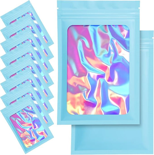 100 Pack Mylar Bags - 5.5 x 7.8 Inch Resealable Smell Proof Bags Foil Pouch Flat Bag with Front Window Blue