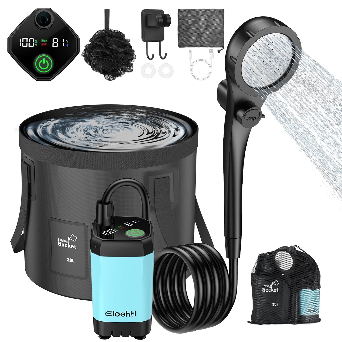 Portable Camping Shower, 6000mAh with LED Display, Camp Shower with 5 Gallons Collapsible Bucket, 3