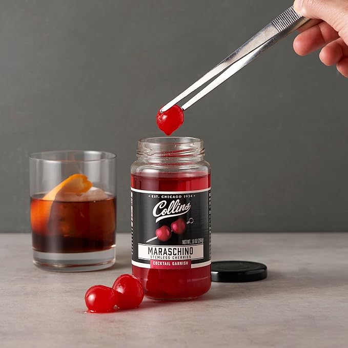 Collins Stemless Maraschino Cherries, Garnish for Cocktails, Desserts, Manhattans, and Old Fashioned, Gourmet Snacking Cherries for Home and Bar, 10oz